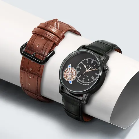 Orologio al Quarzo da Uomo TOMI Face Gear Serie Business Cassa in Lega Cinturino in Pelle Numeri Romani Orologio da Polso Casual Impermeabile