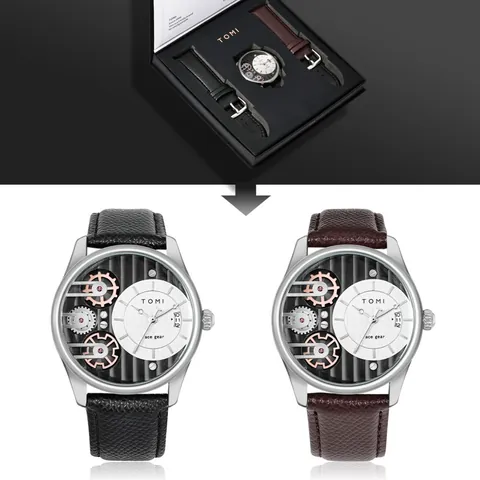 TOMI Business Quartz Horloge voor Heren Unieke Wijzerplaat met Tandwielontwerp Met Datumweergave PU Leren Band Legering Kast Polshorloge Cadeauset voor Heren