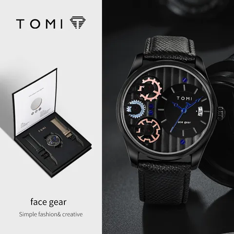 TOMI Business Quartz Horloge voor Heren Unieke Wijzerplaat met Tandwielontwerp Met Datumweergave PU Leren Band Legering Kast Polshorloge Cadeauset voor Heren