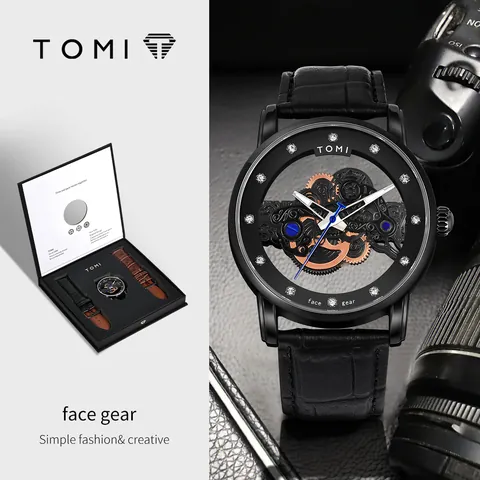 Montre à Quartz pour Hommes TOMI Business Design Squelette Boîtier en Alliage Étanche Bracelet en Cuir PU Index en Strass Coffret Cadeau