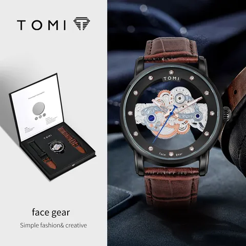 Montre à Quartz pour Hommes TOMI Business Design Squelette Boîtier en Alliage Étanche Bracelet en Cuir PU Index en Strass Coffret Cadeau