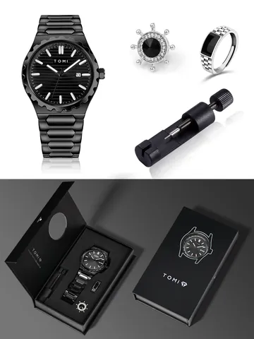 TOMI Men's Business Waterproof Quartz Watch Gift Set With Zinc Alloy Band Rhinestone Brooch Ring And Link Adjuster