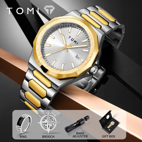TOMI Men Business Watch Set Waterproof Quartz Wristwatch With Ring Brooch Adjuster Gift Box Classic Octagonal Bezel Steel Strap