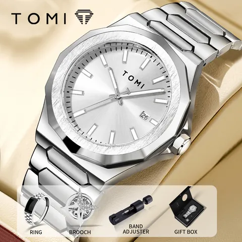 TOMI Men Business Watch Set Waterproof Quartz Wristwatch With Ring Brooch Adjuster Gift Box Classic Octagonal Bezel Steel Strap