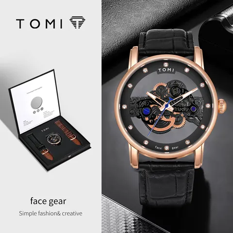 Montre à Quartz Creuse TOMI pour Hommes Avec Deux Bracelets en Cuir Artificiel Coffret Cadeau Mode Business Montre-Bracelet