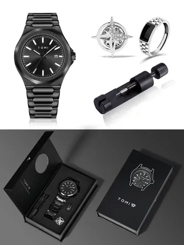 TOMI Set Orologio Business da Uomo Impermeabile Orologio da Polso al Quarzo Con Anello Spilla Regolatore Confezione Regalo Classico Ottagonale