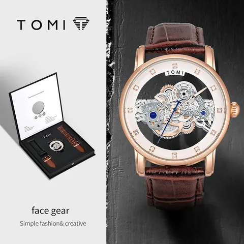 Montre à Quartz Creuse TOMI pour Hommes Avec Deux Bracelets en Cuir Artificiel Coffret Cadeau Mode Business Montre-Bracelet