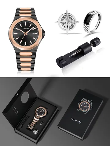 TOMI Set Orologio Business da Uomo Impermeabile Orologio da Polso al Quarzo Con Anello Spilla Regolatore Confezione Regalo Classico Ottagonale