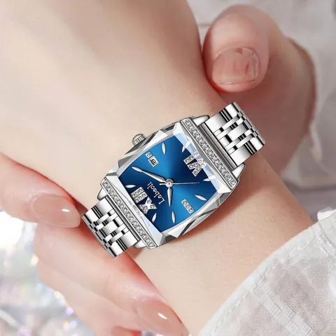 Montre à Quartz Carrée de Luxe pour Femmes Bracelet en Acier Inoxydable Cadran en Strass Calendrier Étanche Mode Femme