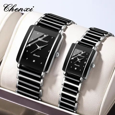 Chenxi Luxury Square Couple Quartz Watch Men Women Waterproof Ceramic Stainless Steel Band Rhinestone Dial Fashion Business Watch