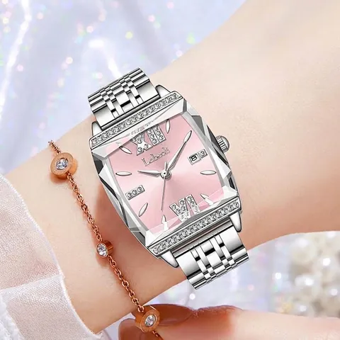 Montre à Quartz Carrée de Luxe pour Femmes Bracelet en Acier Inoxydable Cadran en Strass Calendrier Étanche Mode Femme