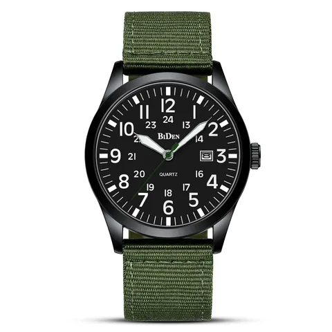 BIDEN Men's Sport Quartz Watch Waterproof Military Style Nylon Strap Calendar Date 24 Hour Display Casual Wristwatch