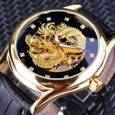 Montre Mécanique Forsining Squelette Dragon Pour Homme Mode Automatique Lumineux Étanche Bracelet En Cuir Strass Montre Poignet Mécanique