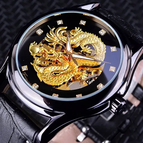 Montre Mécanique Forsining Squelette Dragon Pour Homme Mode Automatique Lumineux Étanche Bracelet En Cuir Strass Montre Poignet Mécanique