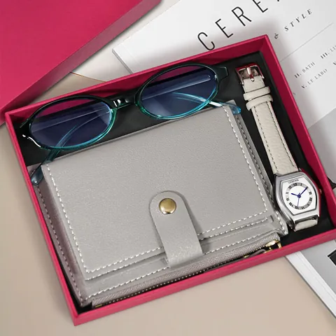 Women Vintage Quartz Watch Gift Set Includes Wallet Card Holder Retro Glasses Set Elegant Faux Leather Strap Stainless Steel Watch For Ladies