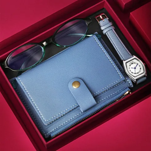 Women Vintage Quartz Watch Gift Set Includes Wallet Card Holder Retro Glasses Set Elegant Faux Leather Strap Stainless Steel Watch For Ladies