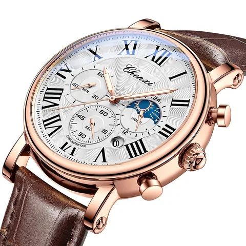 Orologio da Uomo Business Fasi Lunari Cronografo Cinturino in Pelle Impermeabile Quadrante Numeri Romani Orologio al Quarzo
