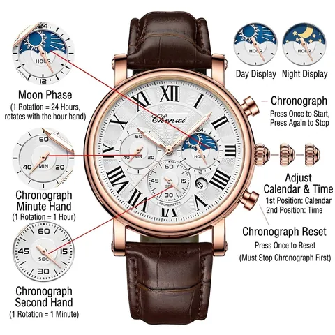 Orologio da Uomo Business Fasi Lunari Cronografo Cinturino in Pelle Impermeabile Quadrante Numeri Romani Orologio al Quarzo