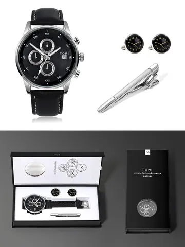TOMI Men's Business Quartz Watch Set Leather Strap Chronograph Wristwatch with Cufflinks and Tie Clip Gift Set for Men