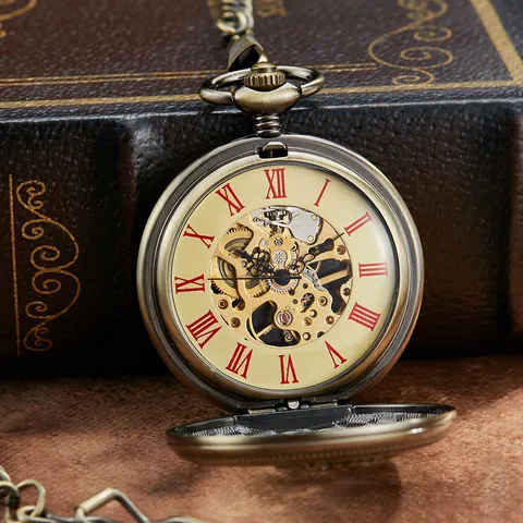 Montre à Gousset Mécanique Manuelle Squelette Dragon Vintage pour Hommes Femmes Boîtier en Alliage Bronze Rétro Chiffres Romains Bijoux Antiques Cadeau