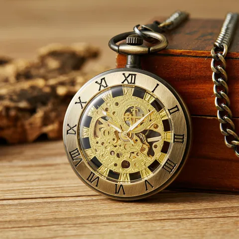 Orologio da Taschino Meccanico Manuale Retrò Quadrante Scheletrato Numeri Romani Lega di Bronzo Faccia Aperta Ciondolo Orologio Vintage Regalo Unisex