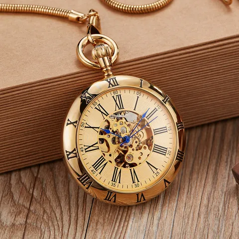Montre à Gousset Mécanique Automatique Vintage Alliage Acier Inoxydable Squelette Cadran Chiffres Romains Avec Chaîne Cadeau
