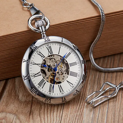 Montre à Gousset Mécanique Automatique Vintage Alliage Acier Inoxydable Squelette Cadran Chiffres Romains Avec Chaîne Cadeau