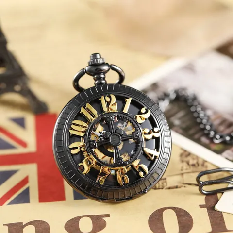 Montre à Gousset Mécanique Vintage Pour Hommes Femmes Style Os Squelette Ajouré Cadran à Chiffres Romains Gothique Steampunk Horloge en Alliage Avec Chaîne