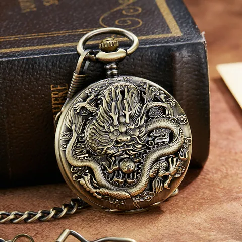 Montre à Gousset Mécanique Vintage Dragon Phénix Boîtier Double Ouverture Steampunk Chiffres Romains Remontage Manuel Alliage Chaîne