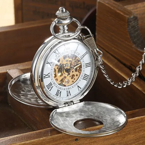Montre de Poche Mécanique Vintage Ajourée pour Hommes Femmes Gravée Chiffres Romains Double Couvercle Alliage avec Chaîne