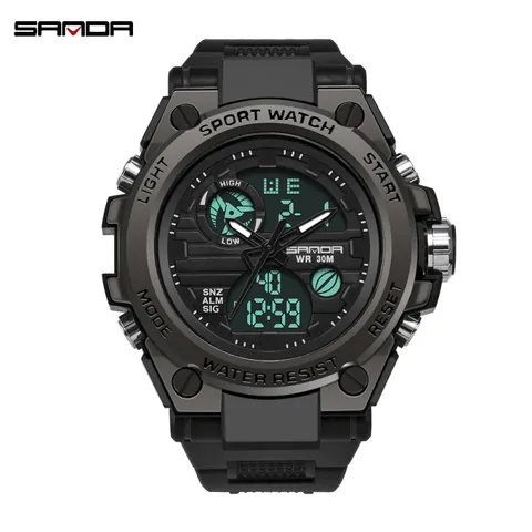 SANDA Montre de Sport Militaire pour Homme Double Affichage Analogique Numérique Étanche Lumineuse Alliage de Zinc Résine