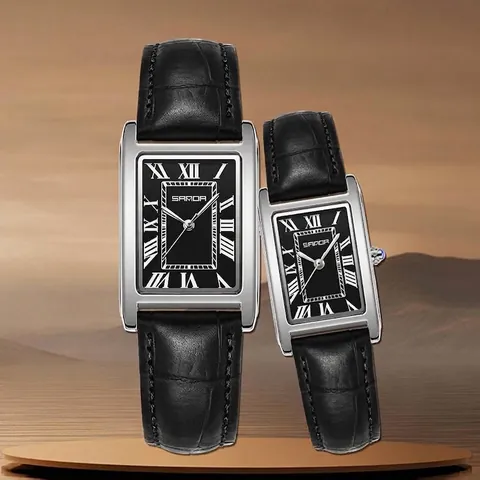SANDA Montre de Couple Carrée de Luxe Étanche à Quartz Mode Cadran à Chiffres Romains Bracelet en Cuir Acier Inoxydable pour Hommes Femmes
