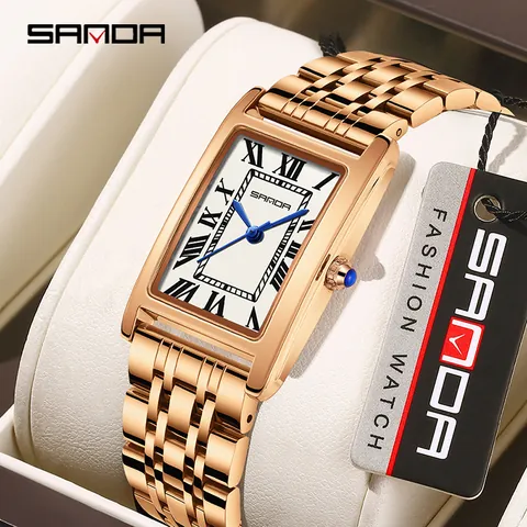 SANDA Montre de Couple Carrée de Luxe Étanche à Quartz Mode Cadran à Chiffres Romains Bracelet en Cuir Acier Inoxydable pour Hommes Femmes