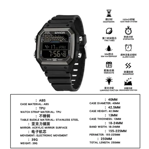 SANDA Montre de Sport Numérique Carrée Étanche Lumineuse LED Chronographe Montre Bracelet Électronique pour Hommes Femmes Mode Étudiant