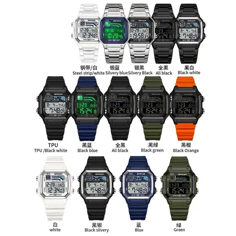 SANDA Montre de Sport Numérique Carrée Étanche Lumineuse LED Chronographe Montre Bracelet Électronique pour Hommes Femmes Mode Étudiant