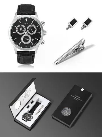 TOMI Men's Business Quartz Watch Set Leather Strap Chronograph Wristwatch with Cufflinks and Tie Clip Gift Set for Men