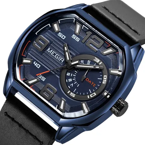 Reloj de Cuarzo Deportivo Cuadrado de Lujo MEGIR para Hombre Correa de Cuero Genuino Impermeable Luminoso Fecha