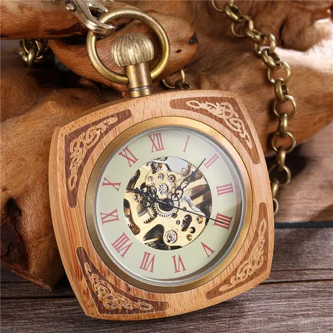 Montre à Gousset Mécanique Carrée Texture Bois de Rose Cadran Squelette Chiffres Romains Alliage Bois Montre à Gousset Antique Hommes Femmes Cadeau