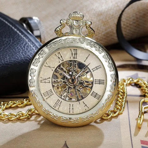 Vintage Mechanical Pocket Watch Roman Numerals Hollow Skeleton Gear Dial Alloy Case Retro Pendant Watch Gift Men Women