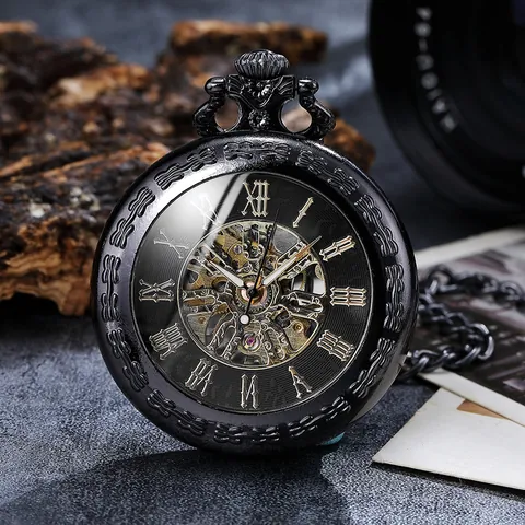Vintage Mechanical Pocket Watch Roman Numerals Hollow Skeleton Gear Dial Alloy Case Retro Pendant Watch Gift Men Women