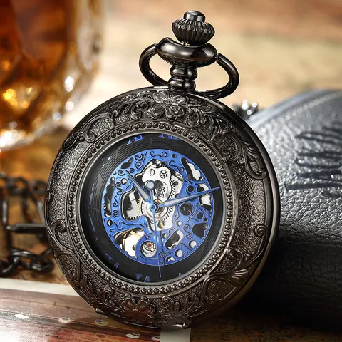 Montre à Gousset Mécanique Vintage Cadran Squelette Loupe Couvercle Chiffres Romains Rétro Steampunk Montre Collier