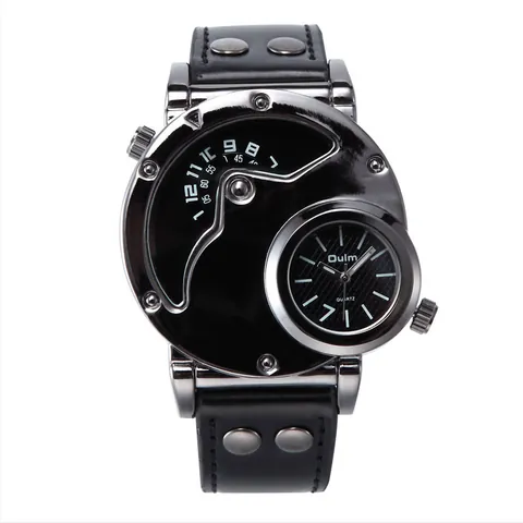 Montre Oulm Fashion pour Homme Double Fuseau Horaire Punk Sport Montre à Quartz pour Homme Bracelet en Cuir Véritable Rivets Design Industriel Montre-Bracelet