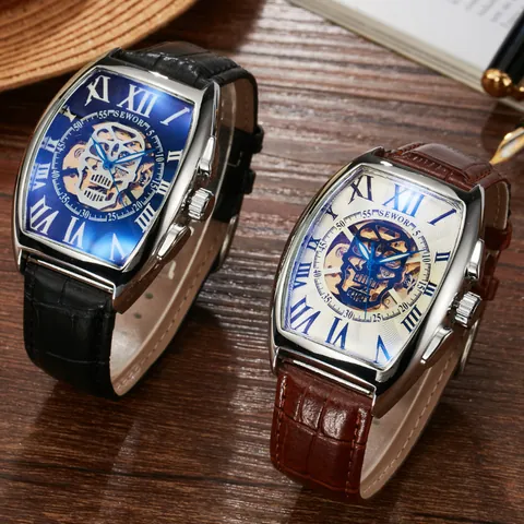 Montre Mécanique Automatique pour Hommes SEWOR Cadran Squelette Tête de Mort Forme Tonneau Boîtier en Alliage Bracelet en Cuir Montre de Mode Affaires