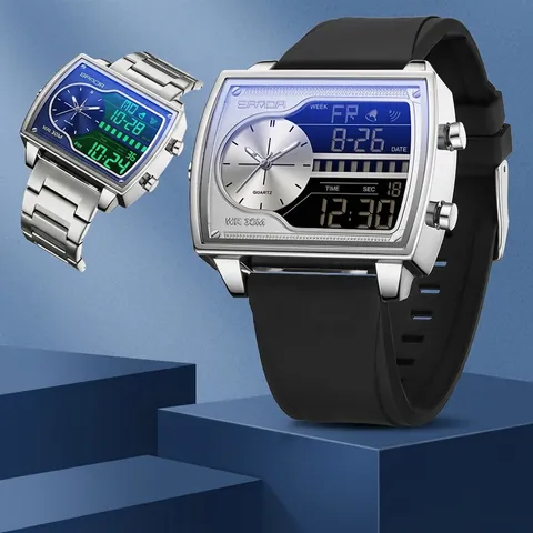 SANDA Homme Montre à Double Affichage Numérique Quartz 30M Étanche Sport Cadran Carré Alarme Date LED Rétroéclairage 6163