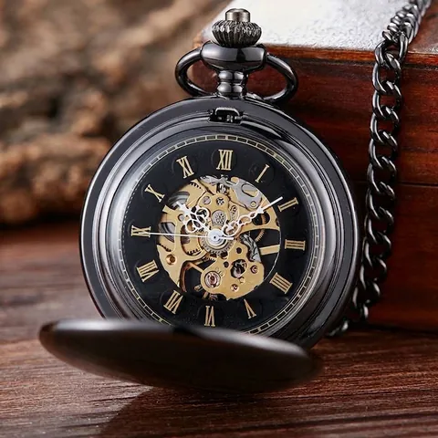 Montre à Gousset Mécanique Vintage Squelette Double Ouverture Alliage Poli Chiffres Romains Remontage Manuel Bijoux Classiques pour Hommes Femmes