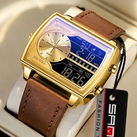 SANDA Men Dual Display Digital Quartz Watch 30M Waterproof Sport Square Dial Wristwatch With Date Alarm LED Backlight 6163