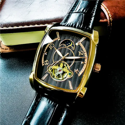 Montre Mécanique Automatique pour Hommes Aokulasic Carrée Squelette Grand Cadran Phase de Lune Lumineux Bracelet en Cuir Véritable Business