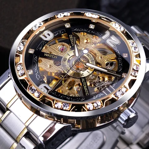 Forsining Montre Mécanique Squelette pour Hommes Luxe Lunette en Strass Bracelet en Alliage Mode Affaires Dos de Boîtier Transparent