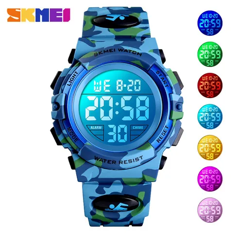 SKMEI Montre de Sport Numérique pour Enfants Étanche Camouflage Rétroéclairage LED Montre Bracelet Électronique pour Garçons