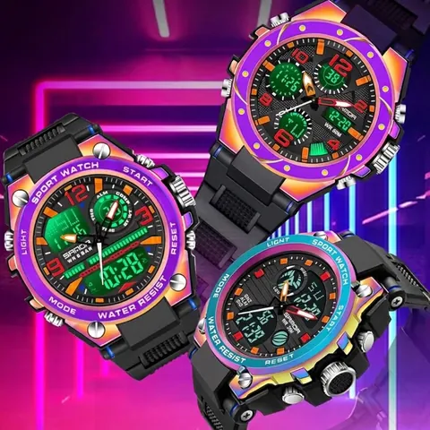 Montre de Sport pour Hommes Imperméable Double Affichage Boîtier en Alliage de Zinc Bracelet en TPU Chronographe Lumineux